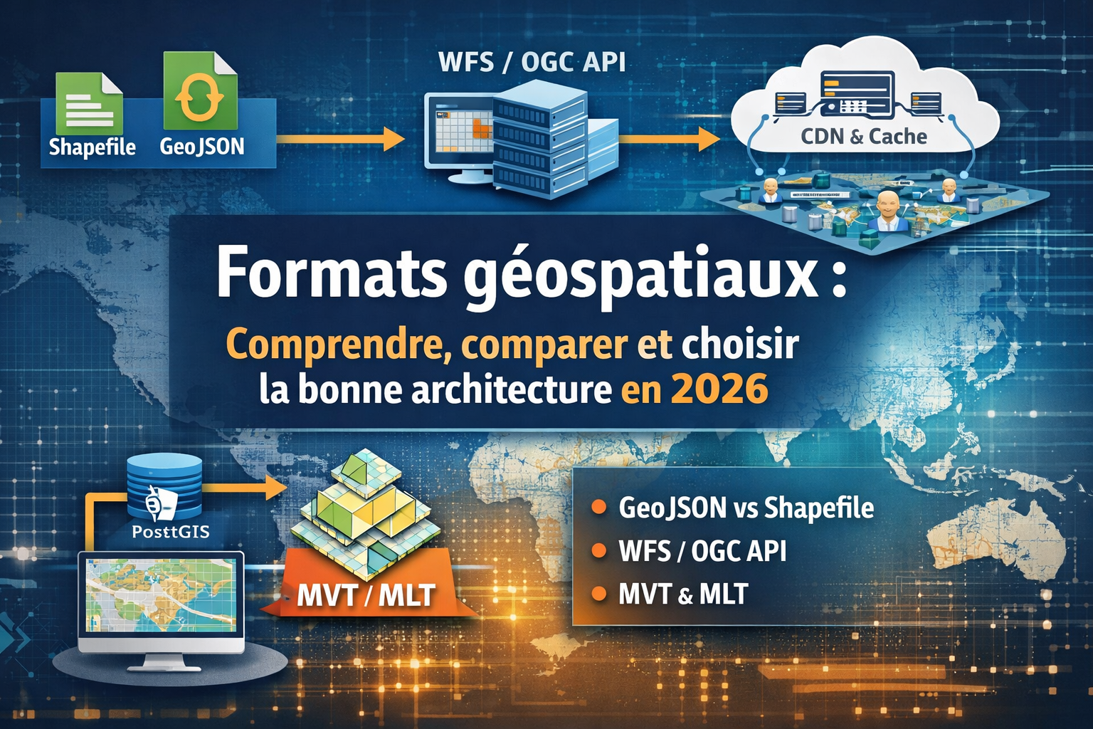 Comparatif des formats géospatiaux 2026 — GeoJSON, MVT, WFS, PostGIS — MPI