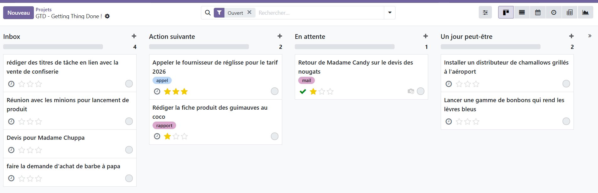 Kanban Odoo du projet GTD, avec les quatre étapes Inbox, Action suivante, En attente et Un jour peut-être