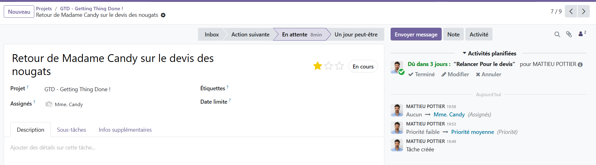 Tâche Odoo à l'étape En attente, assignée à un client, avec une activité de relance planifiée