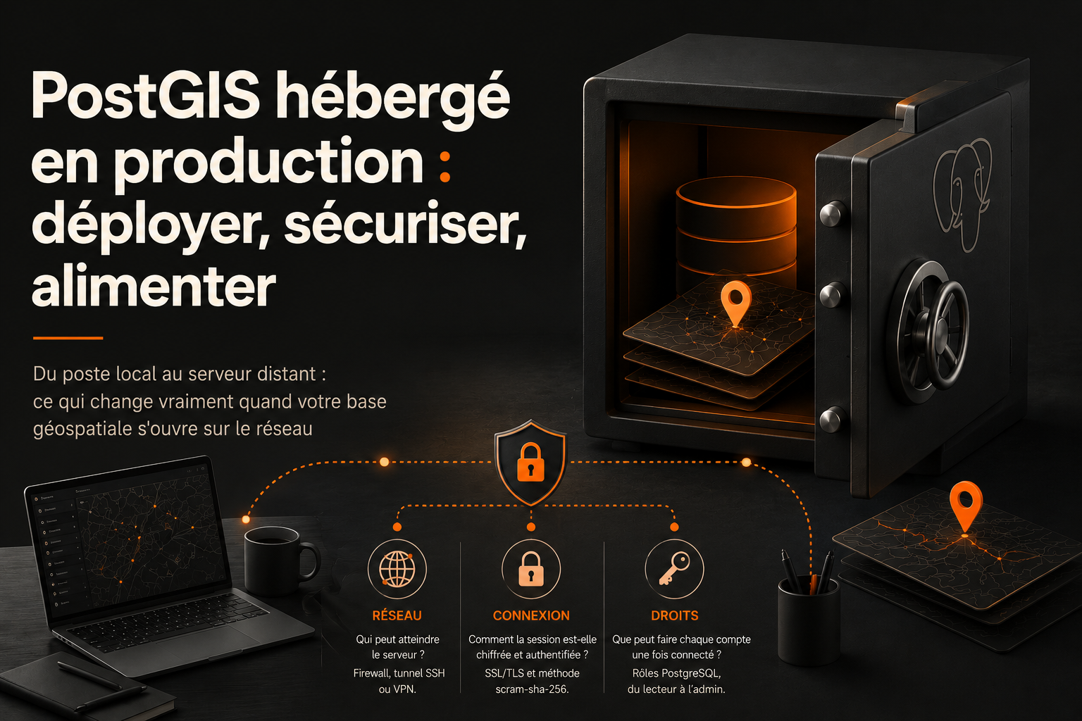 Schéma d'un serveur PostGIS hébergé sécurisé, accédé à distance depuis QGIS via tunnel SSH