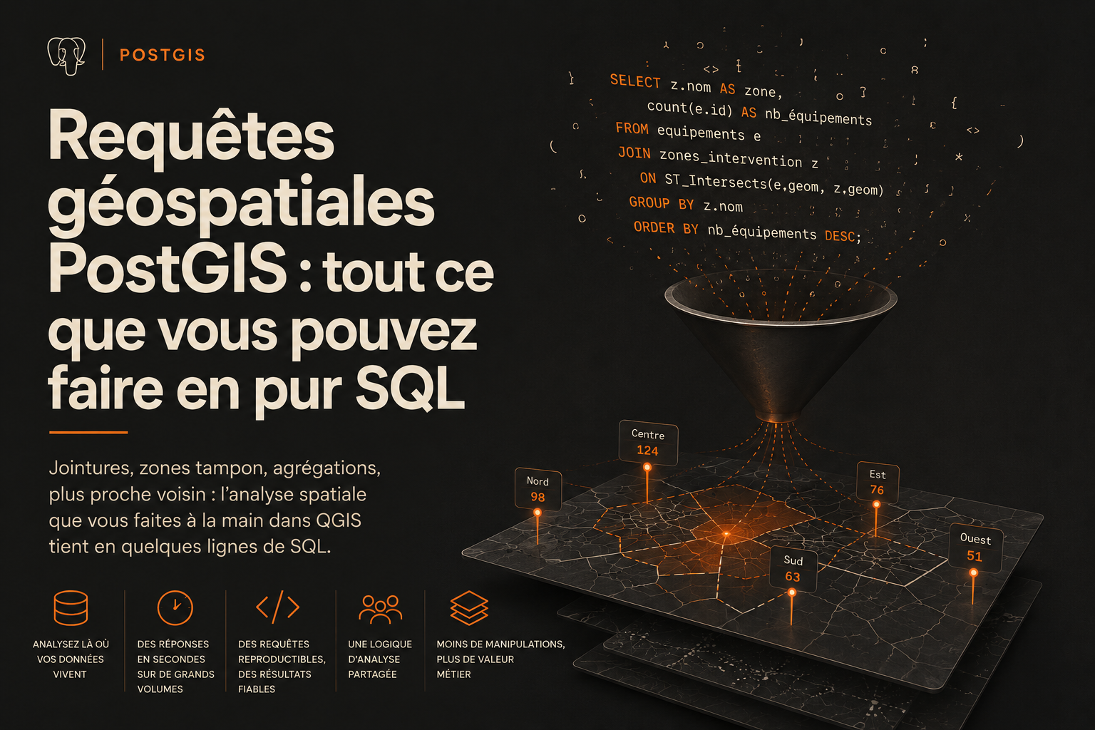 Requêtes géospatiales PostGIS : jointure spatiale et fonctions ST_ en SQL pur